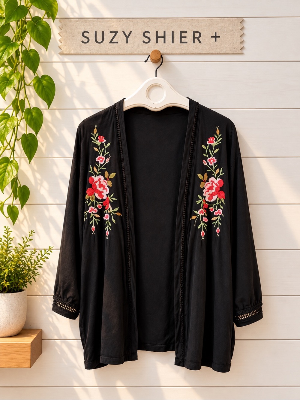 SUZY SHIER Black Floral Embroidered Kimono Cardigan XL/1X